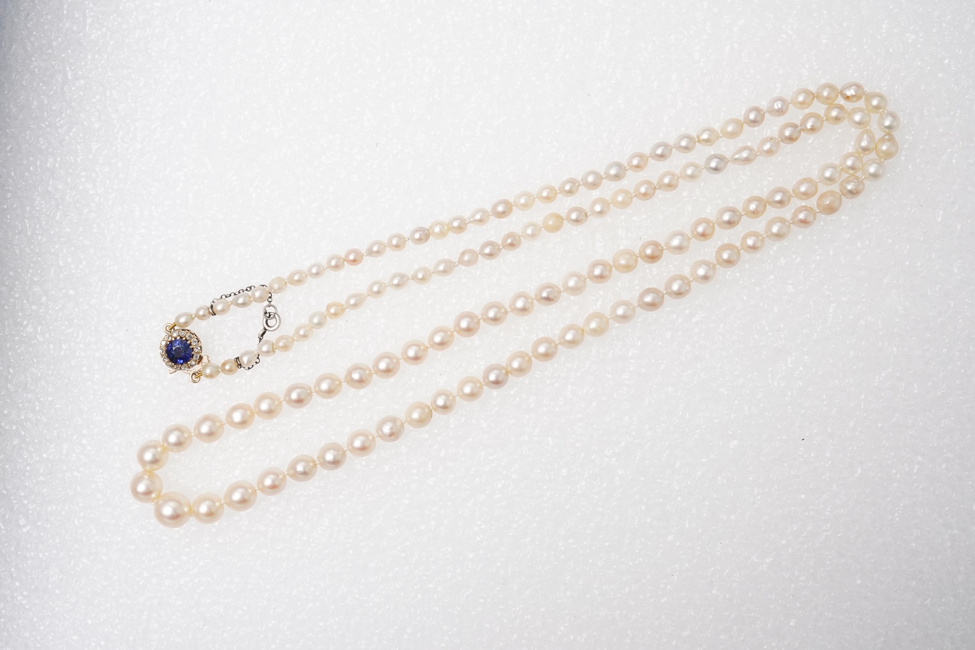 A cultured pearl, sapphire and diamond necklace, 19th century and later